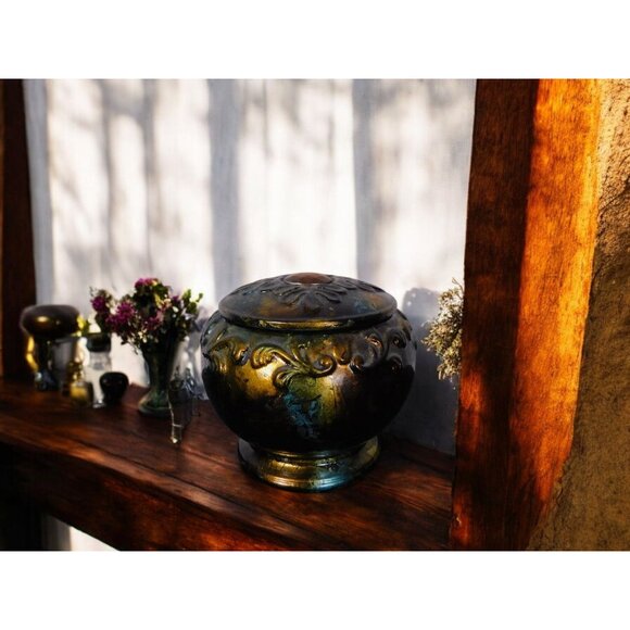 Antique Glazed Ceramic Jar with Lid Bohemian Rustic Decor 6" Tall - Picture 5 of 9